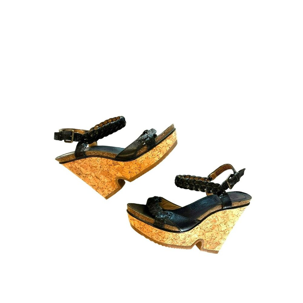 Frye Braylin Braided 2 Leather Wedge Cork Heel Adjustable Buckle Closure Sandals
